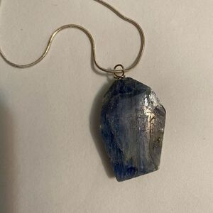 Raw Kyanite Pendant 18 in Silver Chain Boho Statement Gemstone Crystal Chunky